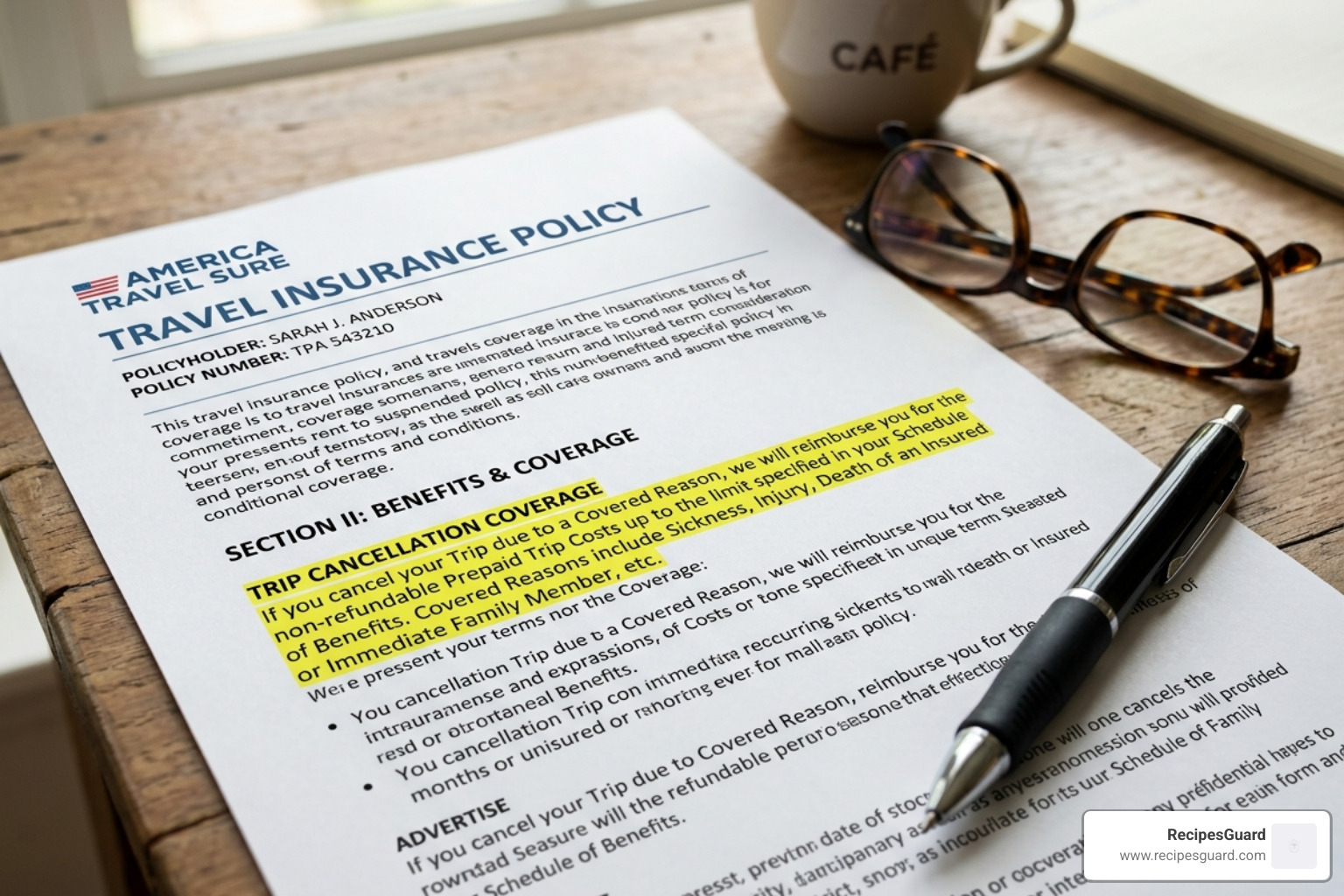 travel insurance policy document with highlighted sections - how cancel trip claim