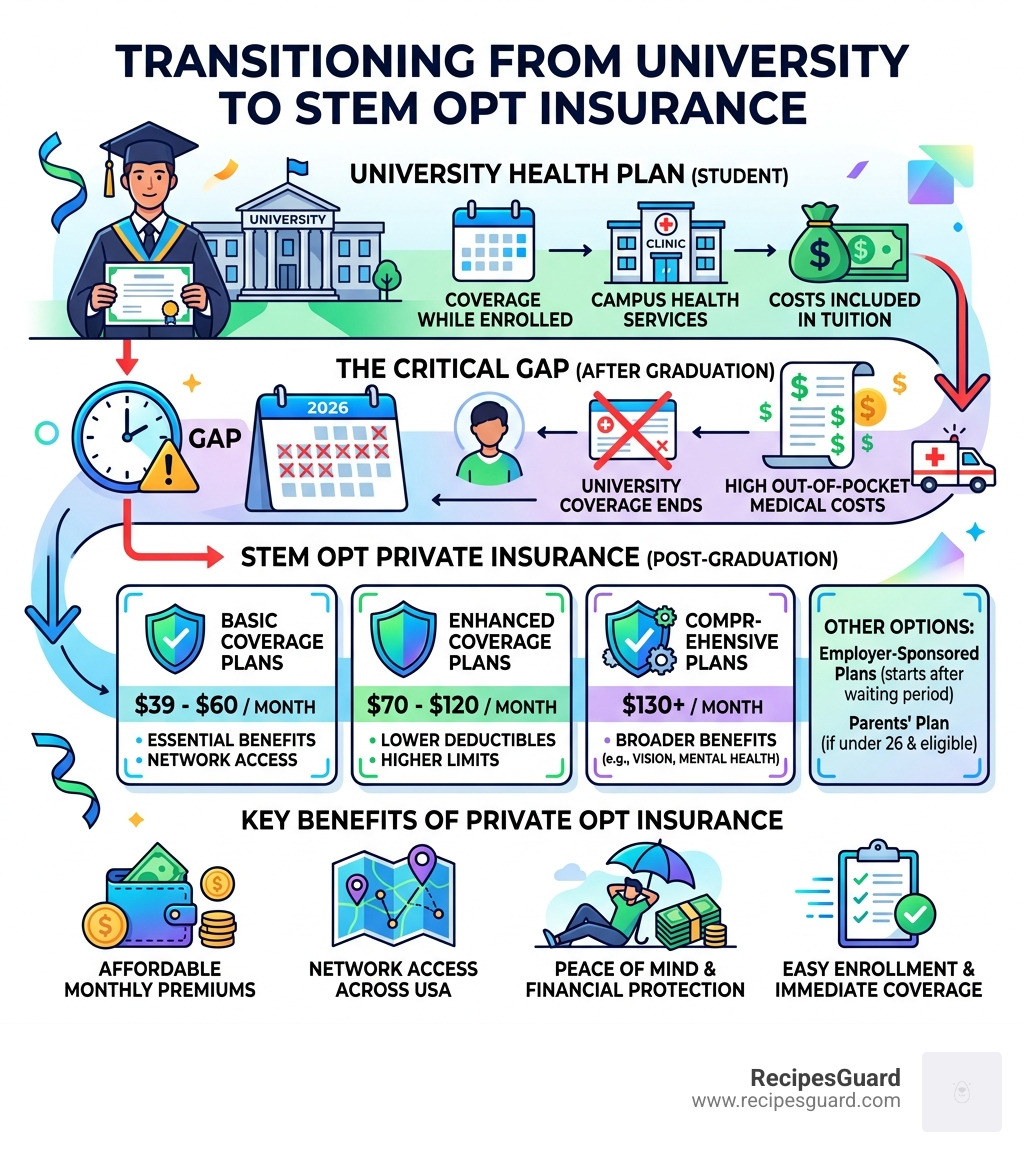 Infographic showing transition from university health plan to STEM OPT private insurance coverage options and costs - health