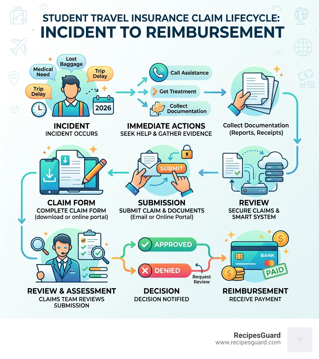 Student travel insurance claim lifecycle from incident to reimbursement - claim form student travel infographic 