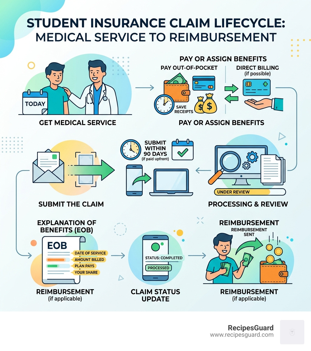 Student insurance claim lifecycle from medical service to reimbursement infographic - claim status student insurance
