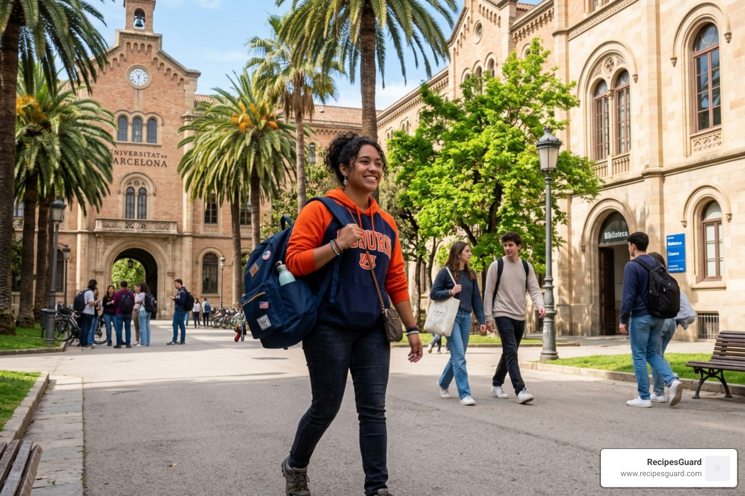 student traveler at a university campus abroad - travel insurance for students studying abroad