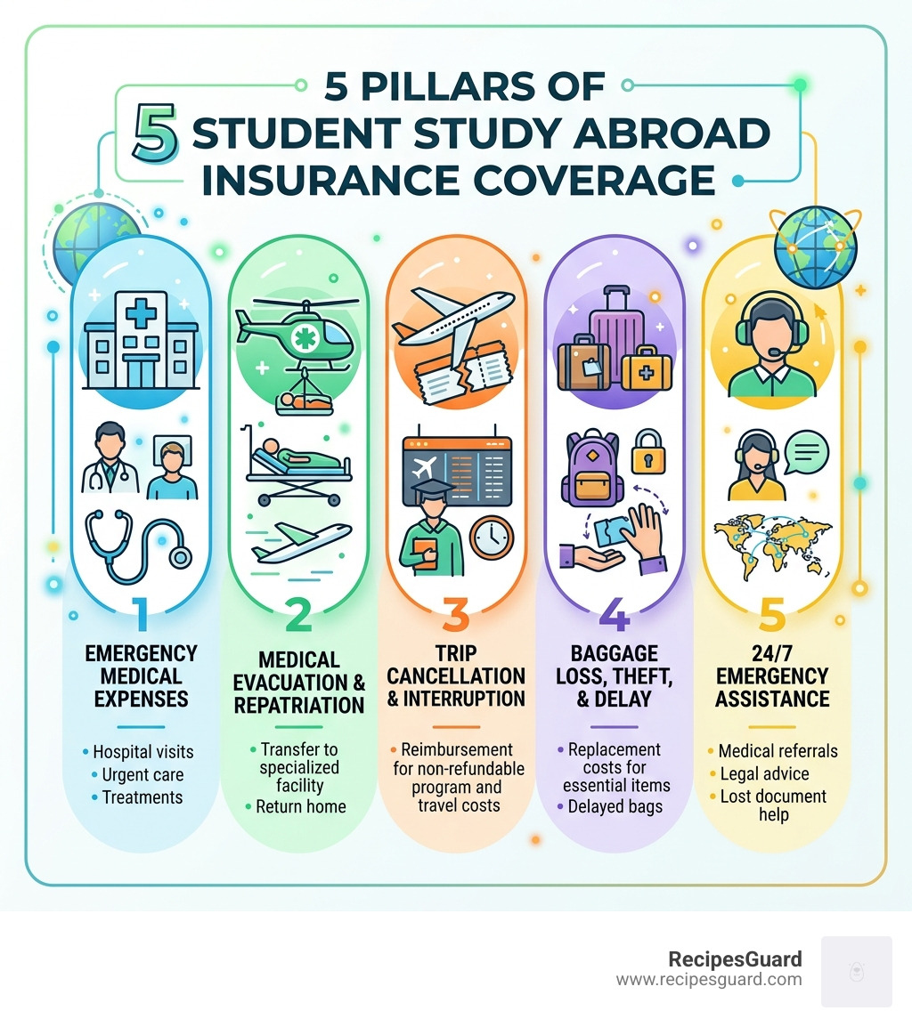 5 pillars of student study abroad insurance coverage infographic - travel insurance for students studying abroad infographic 