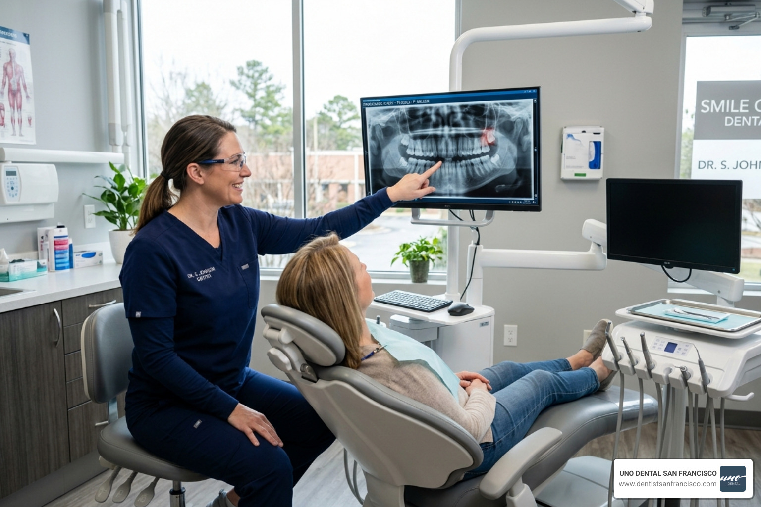 Dentist explaining a digital X-ray to a patient in a modern office - dentist near me appointment Dentist explaining a digital X-ray to a patient in a modern office - dentist near me appointment