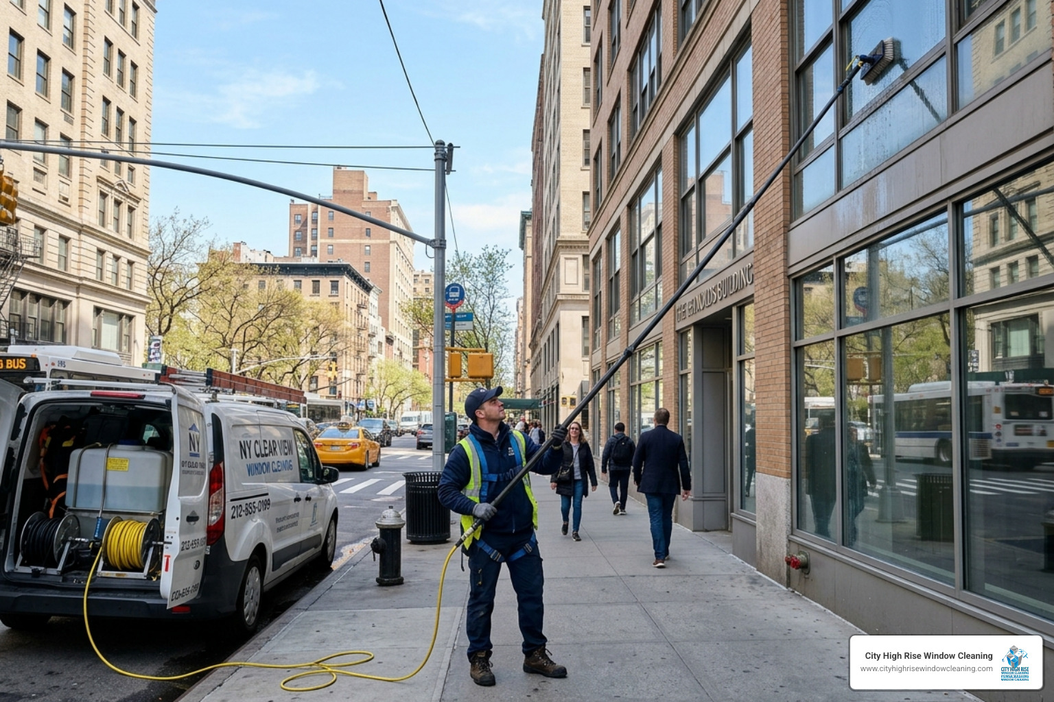 Technician using a water-fed pole system to clean a mid-rise building exterior - New York window cleaning services Technician using a water-fed pole system to clean a mid-rise building exterior - New York window cleaning services