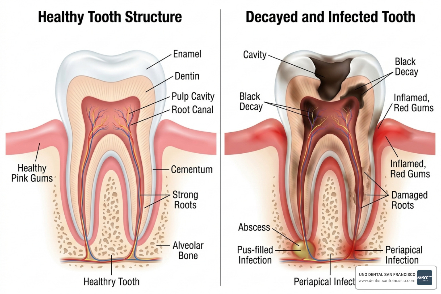 Comparison illustration showing a healthy tooth versus a tooth with severe decay and infection - same day extraction Comparison illustration showing a healthy tooth versus a tooth with severe decay and infection - same day extraction