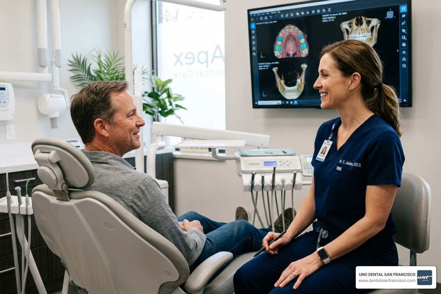 Dentist reviewing digital 3D dental imaging on a screen with a patient - same day extraction Dentist reviewing digital 3D dental imaging on a screen with a patient - same day extraction
