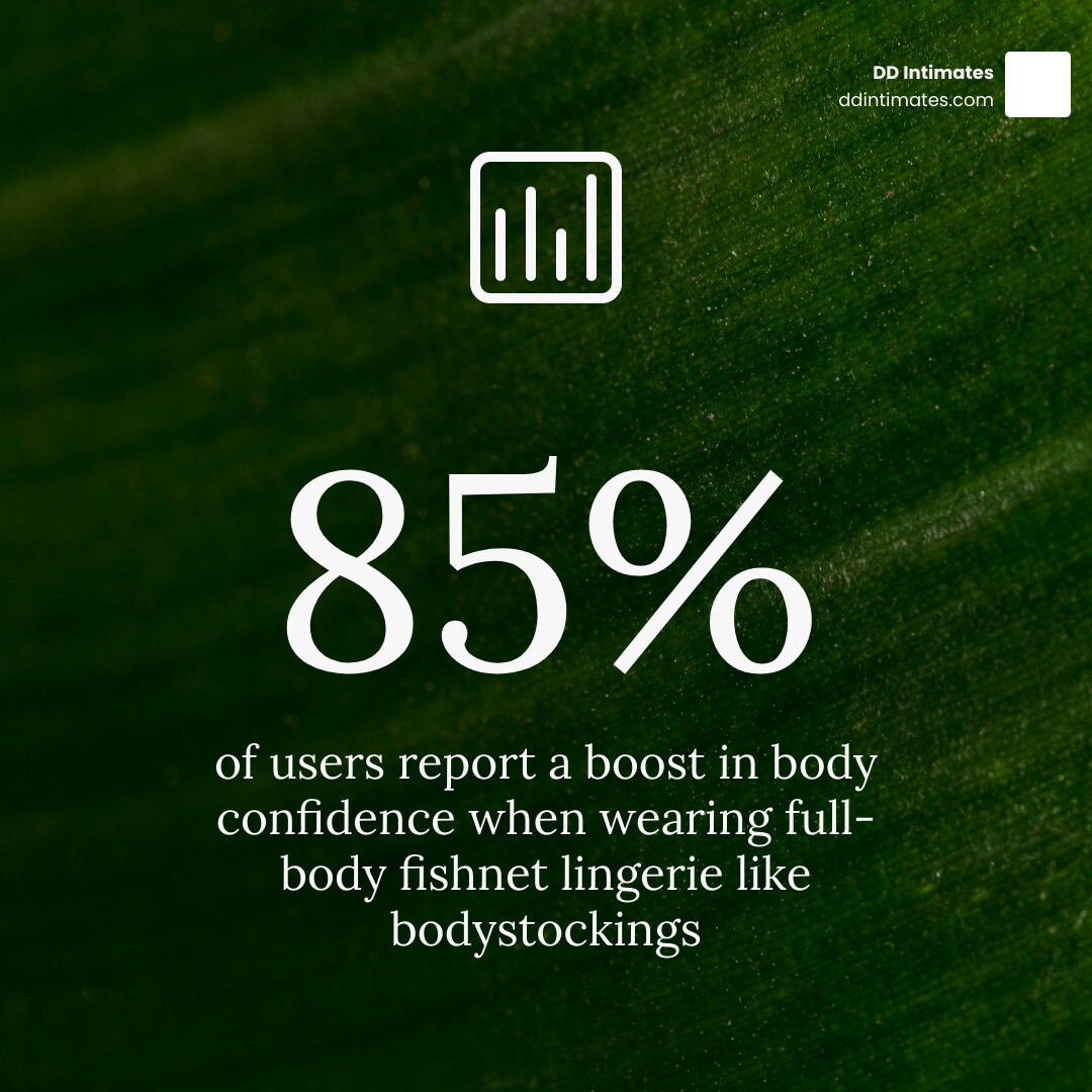 Stat showing that 85% of users feel a boost in body confidence when wearing full-body lingerie - Fishnet body stockings