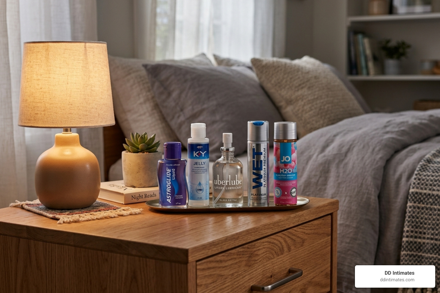 Various bottles of top-selling flavored and cooling lubricants arranged on a nightstand - flavored menthol cooling lube