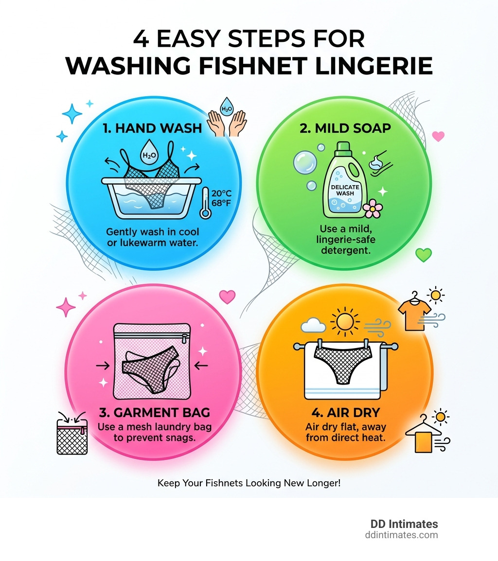 Infographic showing 4 steps to washing fishnet lingerie: Hand wash, mild soap, garment bag, air dry - Fishnet body stockings
