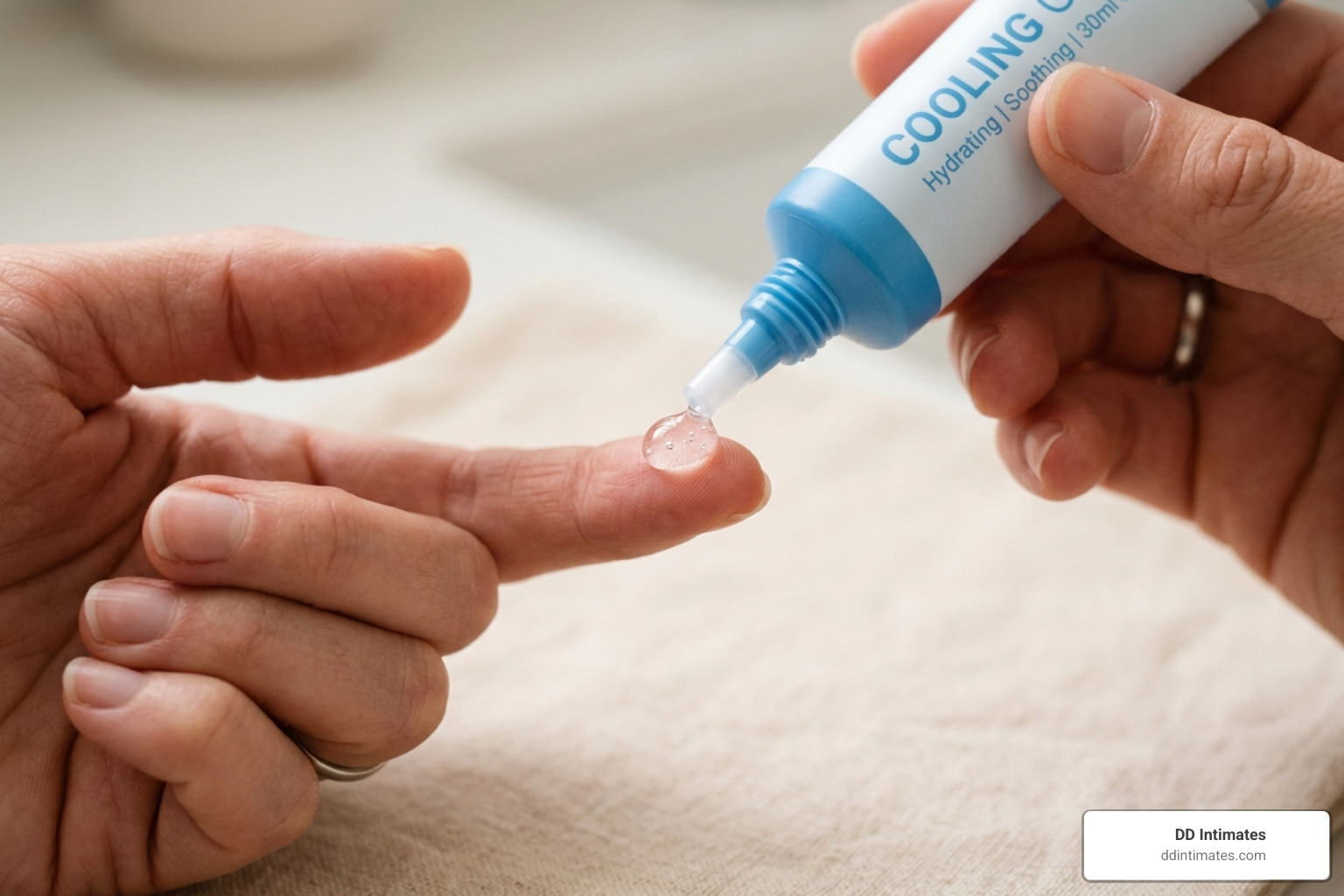 A person applying a small, pea-sized drop of cooling gel to their fingertip - flavored menthol cooling lube