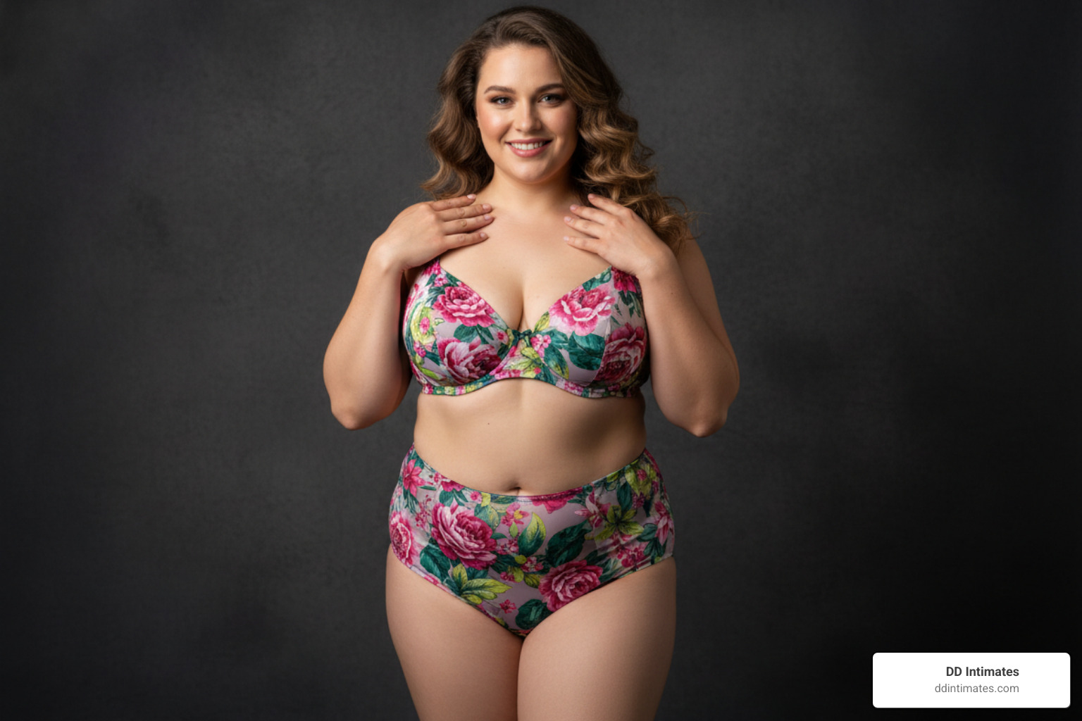 Floral print plus size lingerie set with vibrant pinks and greens on a dark background - plus size intimates
