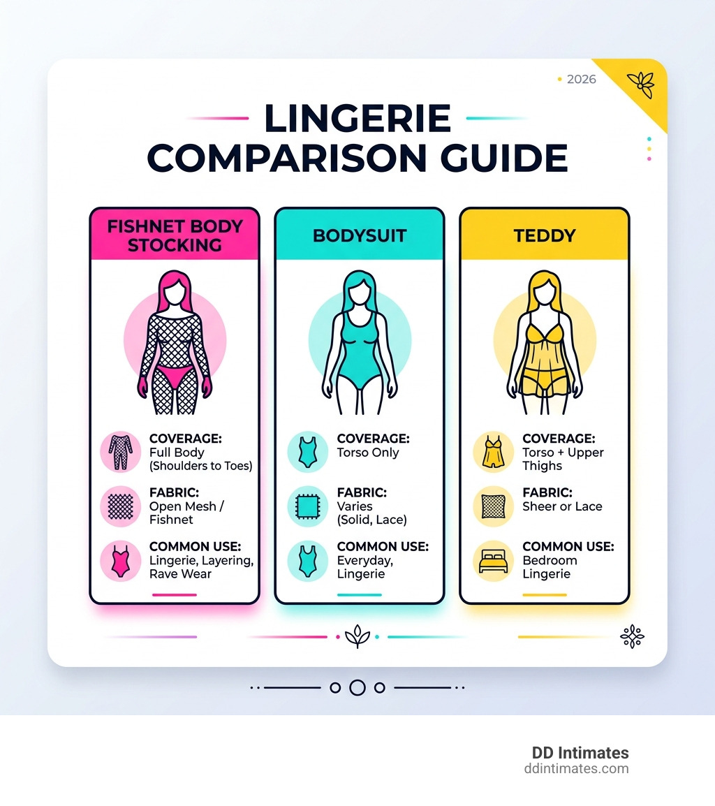 Infographic comparing fishnet body stockings vs teddies vs bodysuits by coverage, fabric, and use - Fishnet body stockings