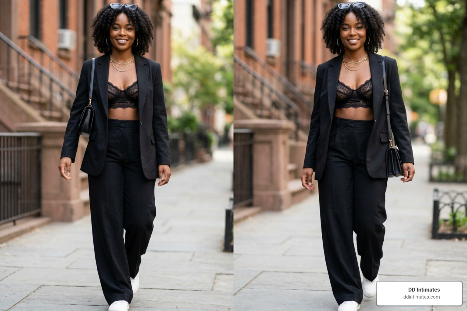 Model wearing a delicate lace bralette styled under a structured blazer for a chic look - lace bralette sets