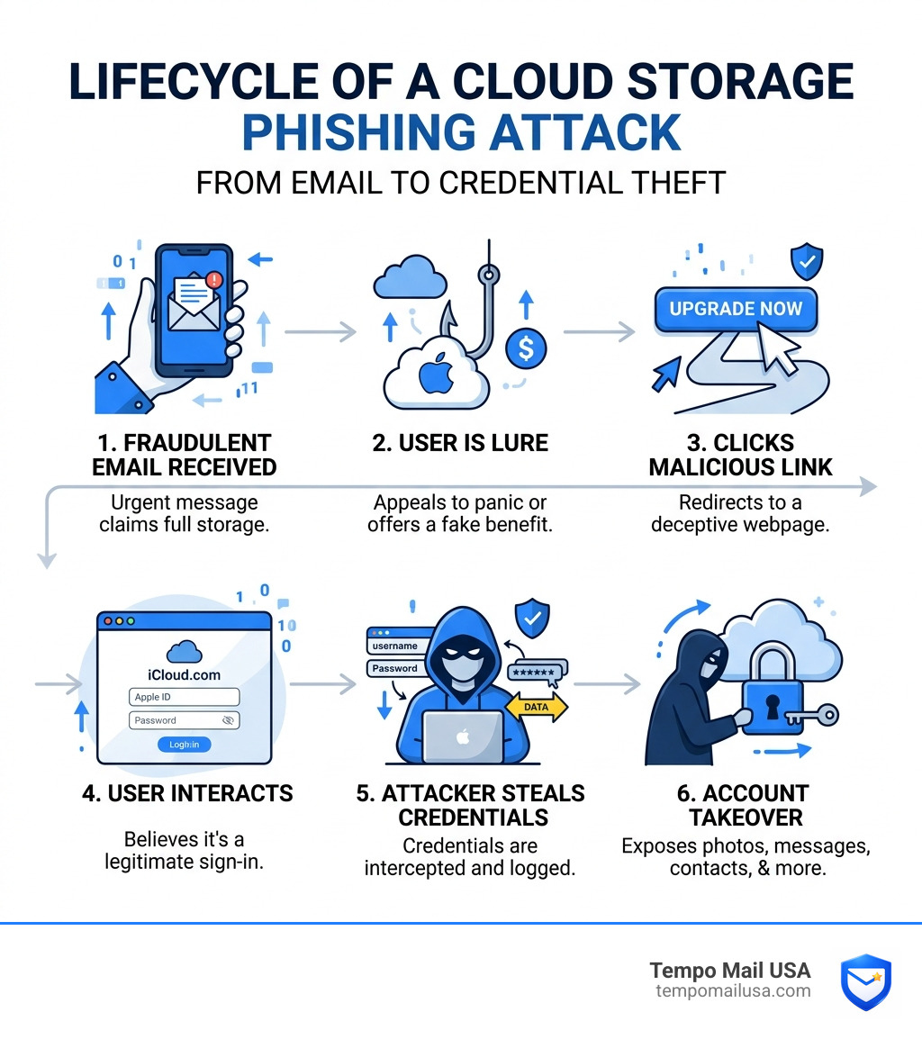 Lifecycle of a cloud storage phishing attack from email to credential theft - 🔥 “iCloud Storage Full Scam: Is It Real? How
