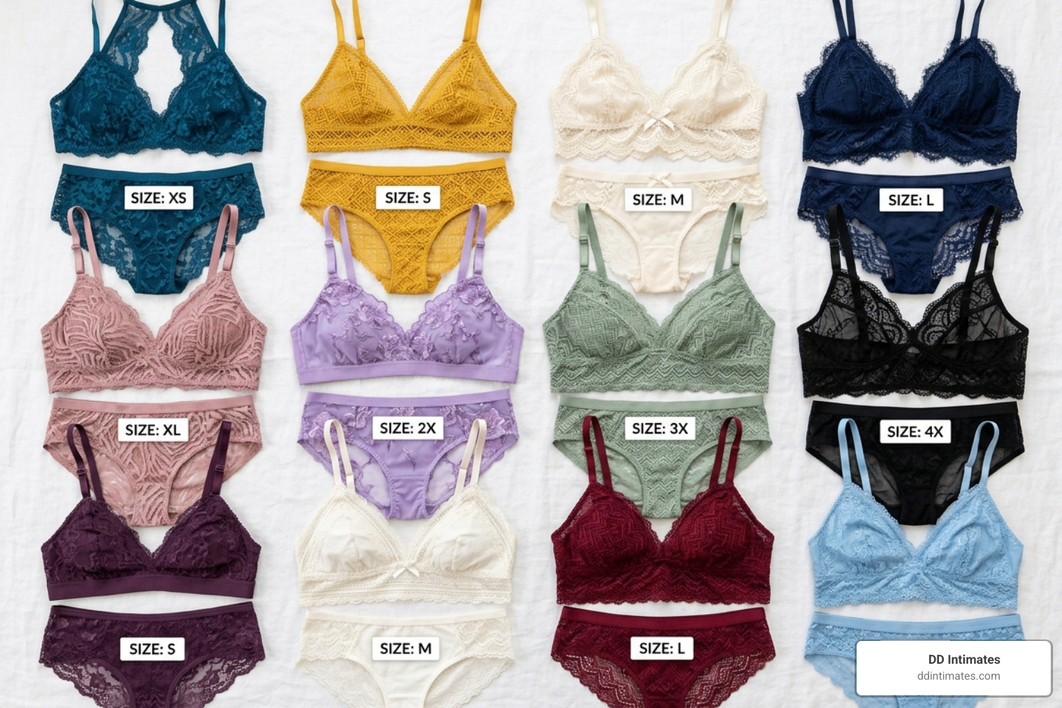 Collection of lace bralette sets in a wide range of inclusive sizes from XS to 4X - lace bralette sets