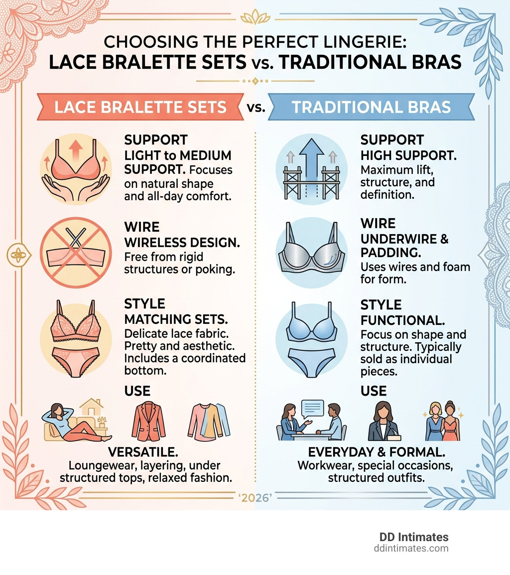 Infographic comparing lace bralette sets vs traditional bras: key differences in support, wire, style, and use - lace