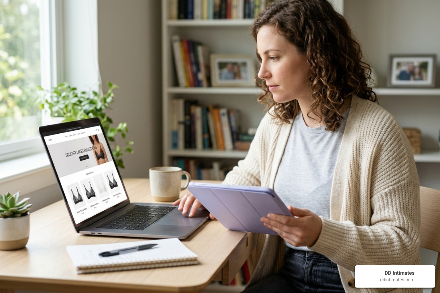 woman using a digital tablet to consult an online sizing guide and fit calculator - Sheer lingerie online