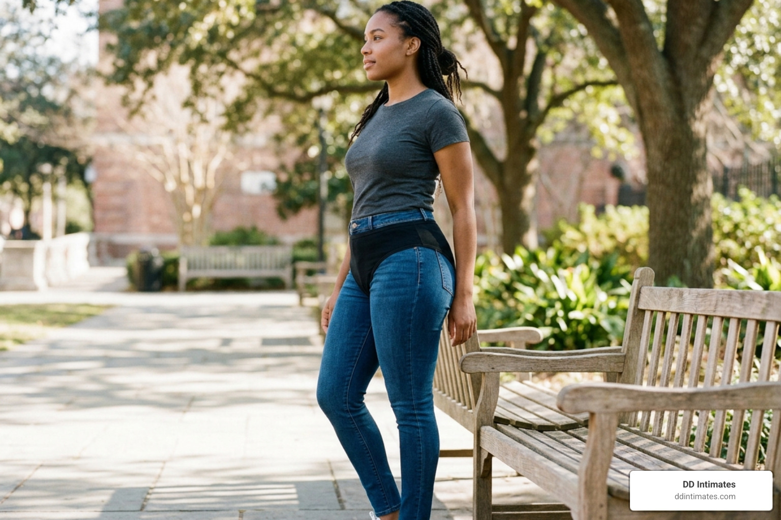 A woman wearing high-waisted underwear under high-rise denim showing a smooth waistline - high waist briefs