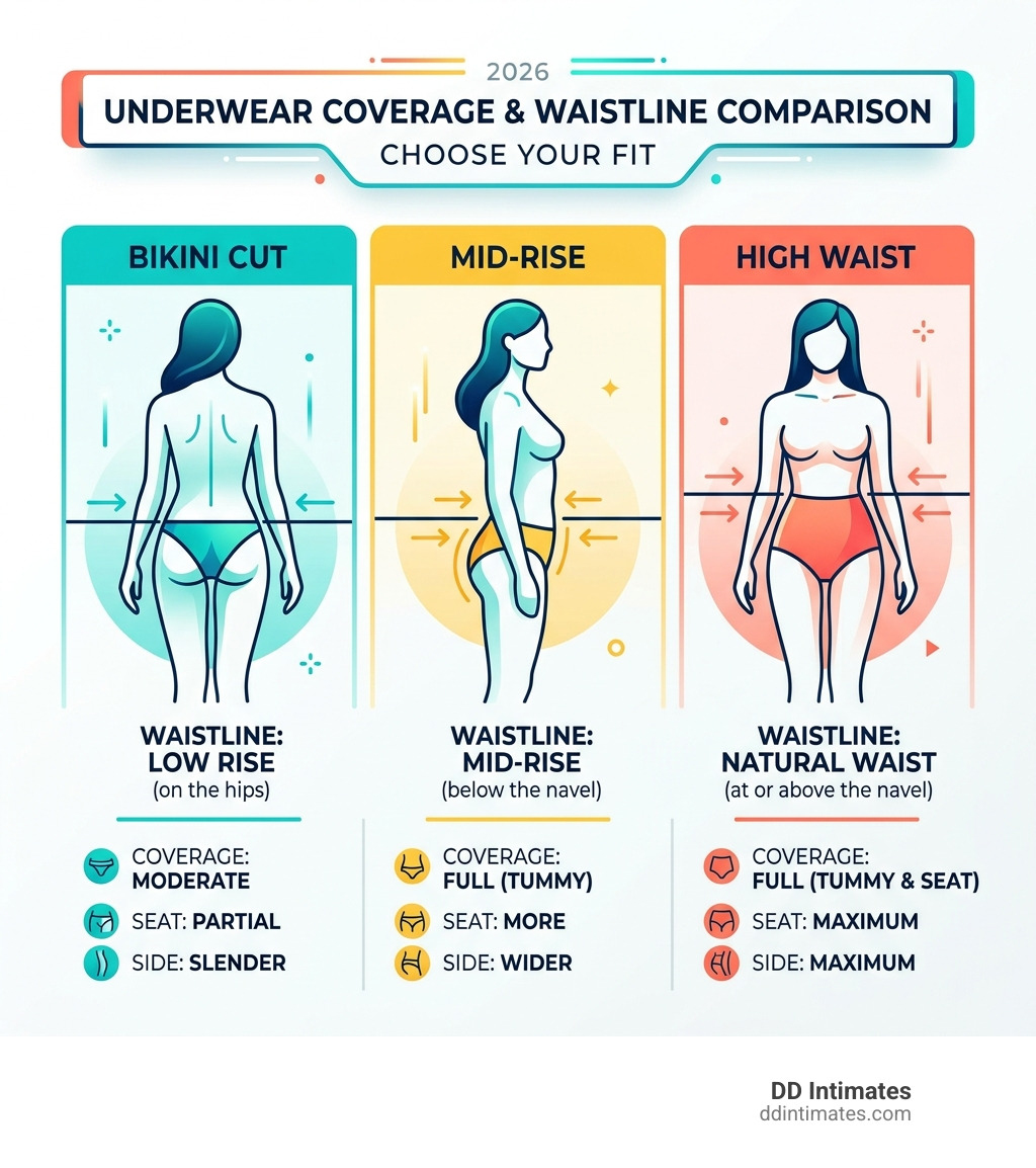Infographic comparing high-waist, mid-rise, and bikini cut underwear coverage and waistline placement - high waist briefs