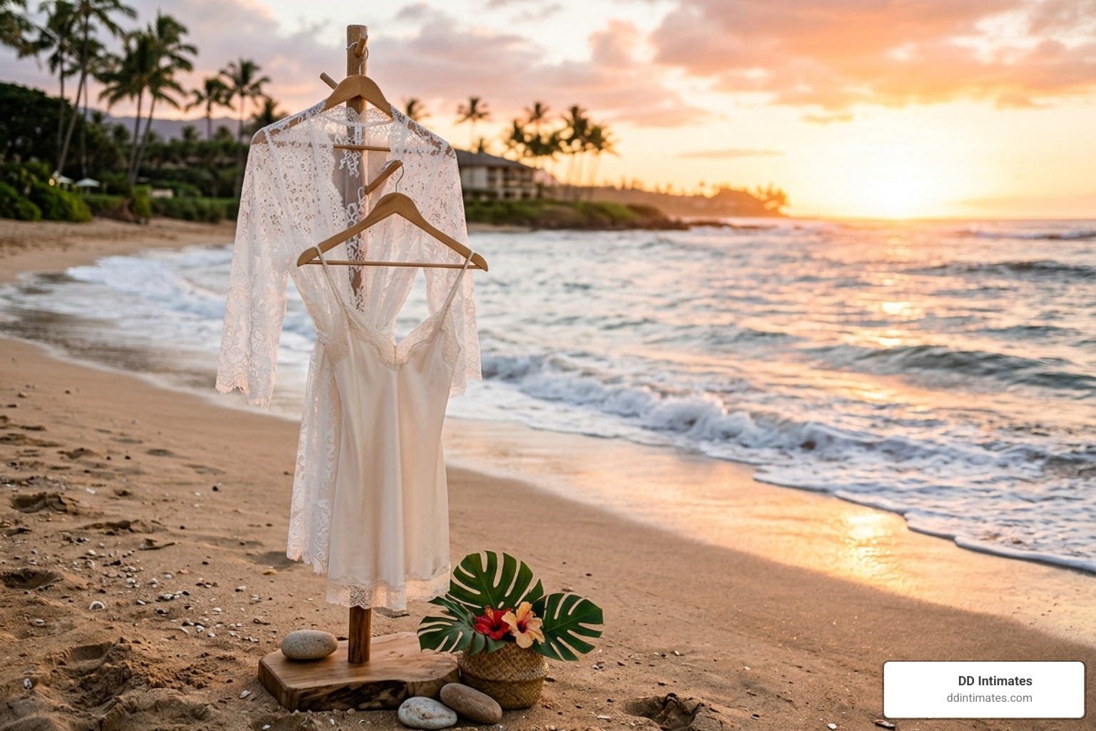 Honeymoon resort wear and luxury loungewear on a beach setting - Bridal nightwear online