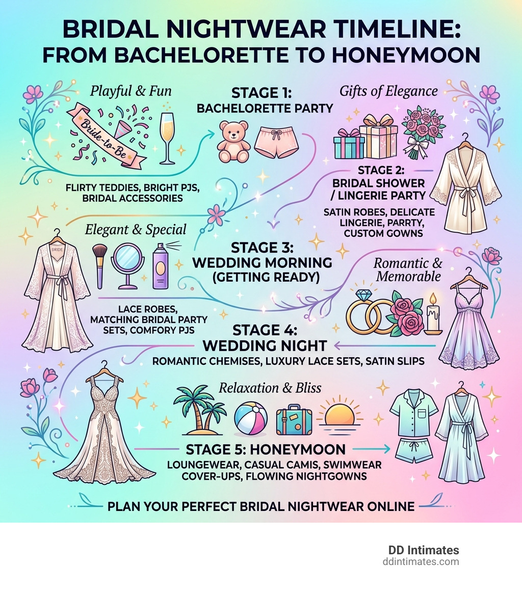 Bridal nightwear timeline from bachelorette to honeymoon with styles for each stage - Bridal nightwear online infographic