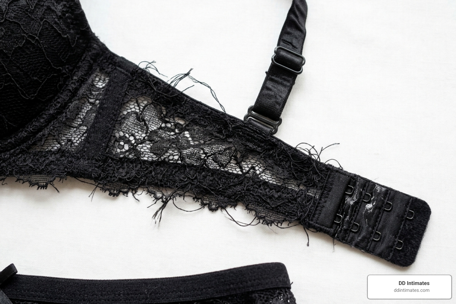 Graphic showing common signs of poor lingerie quality: loose threads, scratchy lace, and plastic hardware - high quality