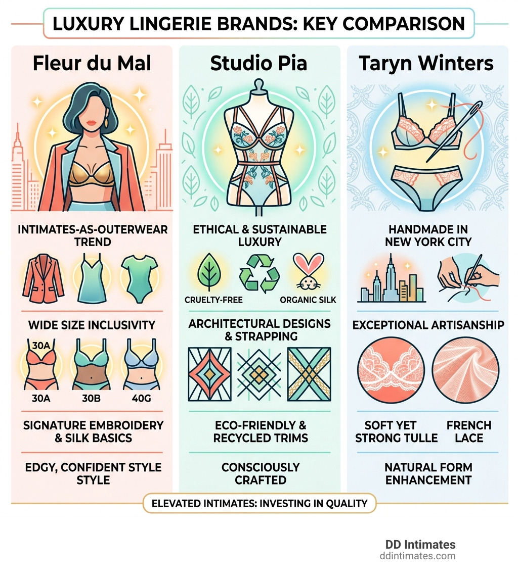 Comparison of luxury lingerie brands: Fleur du Mal vs. Studio Pia vs. Taryn Winters - high quality intimates infographic 
