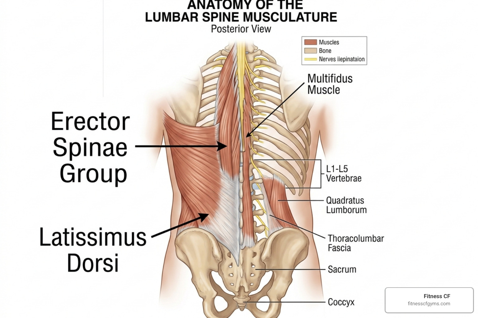 Anatomical diagram of the lumbar spine highlighting the major muscle groups like the erector spinae and latissimus dorsi Anatomical diagram of the lumbar spine highlighting the major muscle groups like the erector spinae and latissimus dorsi