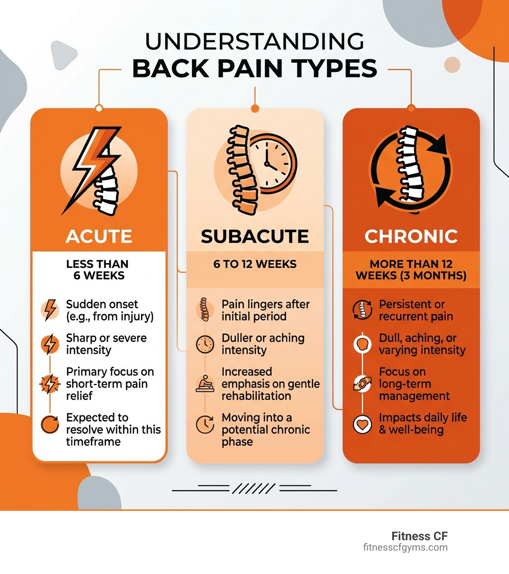 Infographic showing the difference between acute, subacute, and chronic back pain with timeframes and key characteristics Infographic showing the difference between acute, subacute, and chronic back pain with timeframes and key characteristics
