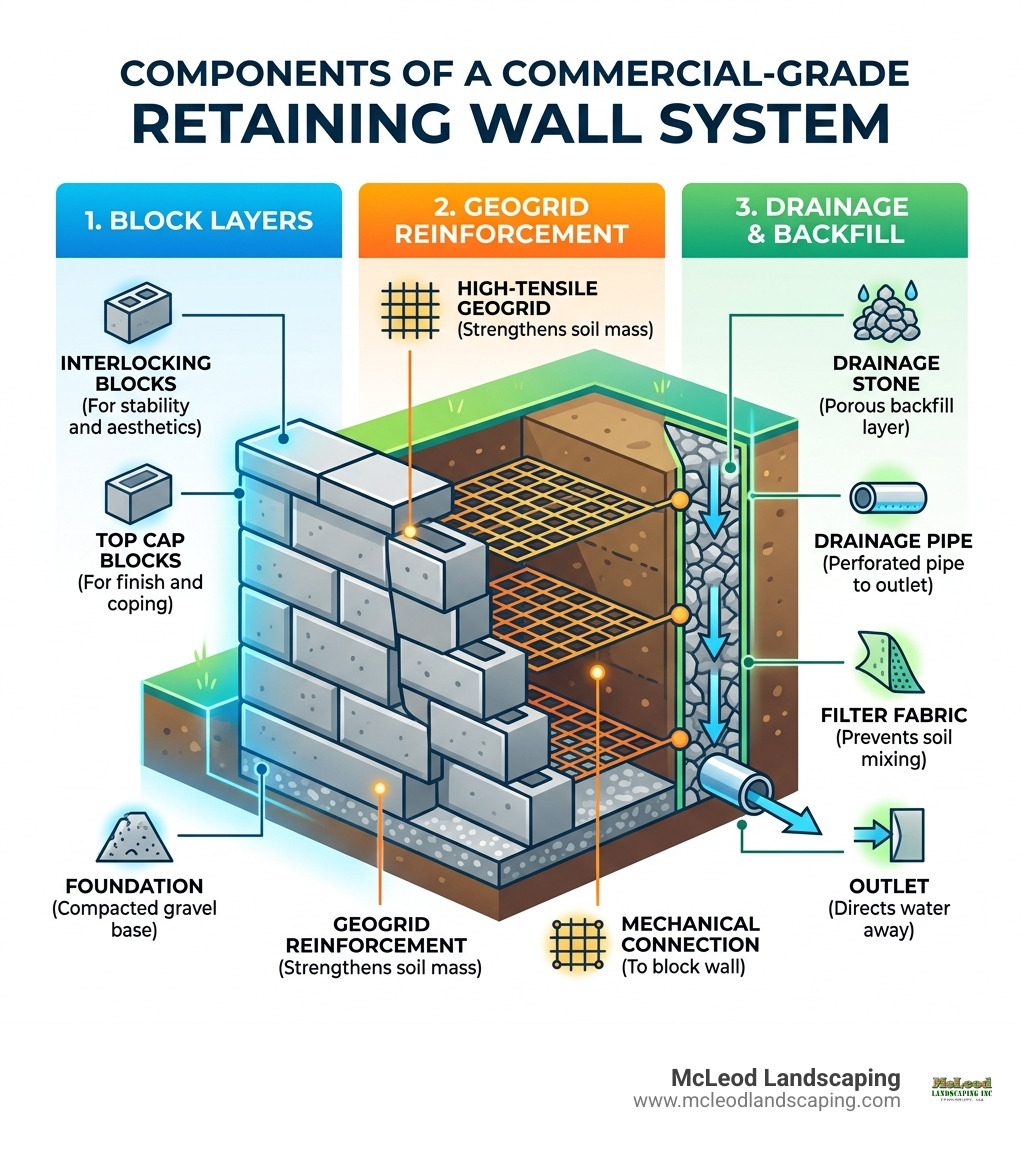 Components of a commercial-grade retaining wall system including drainage, geogrid, and block layers - commercial retaining Components of a commercial-grade retaining wall system including drainage, geogrid, and block layers - commercial retaining