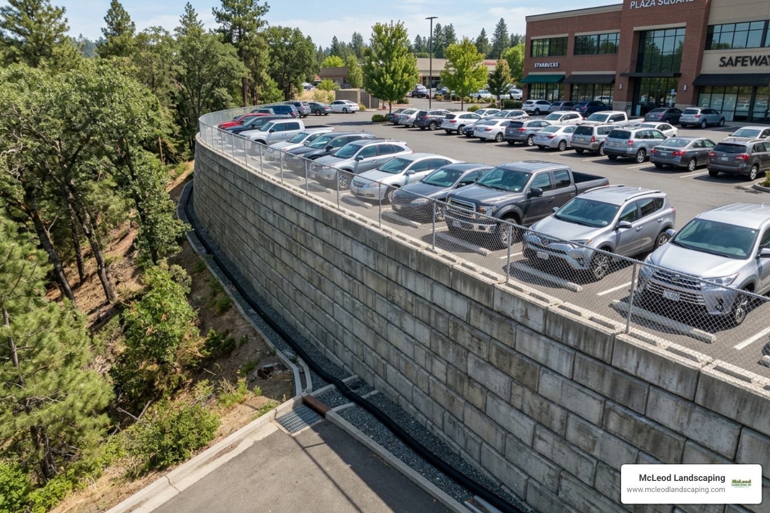 A commercial parking lot supported by a reinforced modular block wall - commercial retaining wall contractors A commercial parking lot supported by a reinforced modular block wall - commercial retaining wall contractors