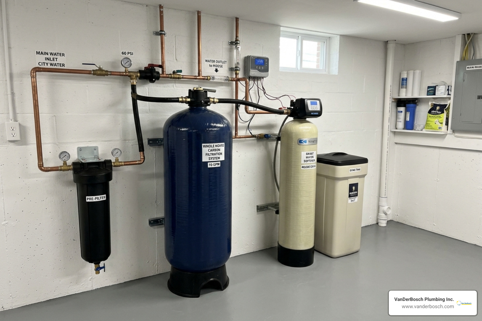 Multi-stage whole house water filtration tanks installed in a clean basement utility room - best whole house water