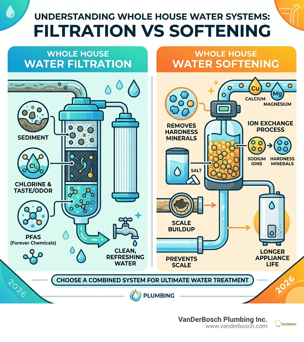 Infographic comparing whole house water filtration vs water softening: filtration removes chlorine, PFAS, sediment