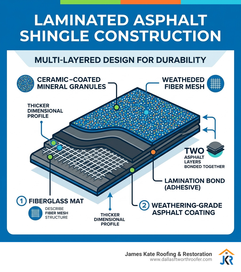 Infographic showing multi-layered construction of a laminated asphalt shingle with fiberglass mat, asphalt coating, and Infographic showing multi-layered construction of a laminated asphalt shingle with fiberglass mat, asphalt coating, and