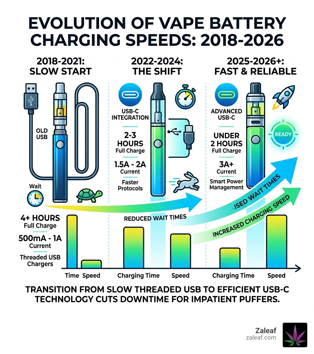 Evolution of vape battery charging speeds from 2018 to 2026, showing USB to USB-C improvements - fast charge cannabis Evolution of vape battery charging speeds from 2018 to 2026, showing USB to USB-C improvements - fast charge cannabis