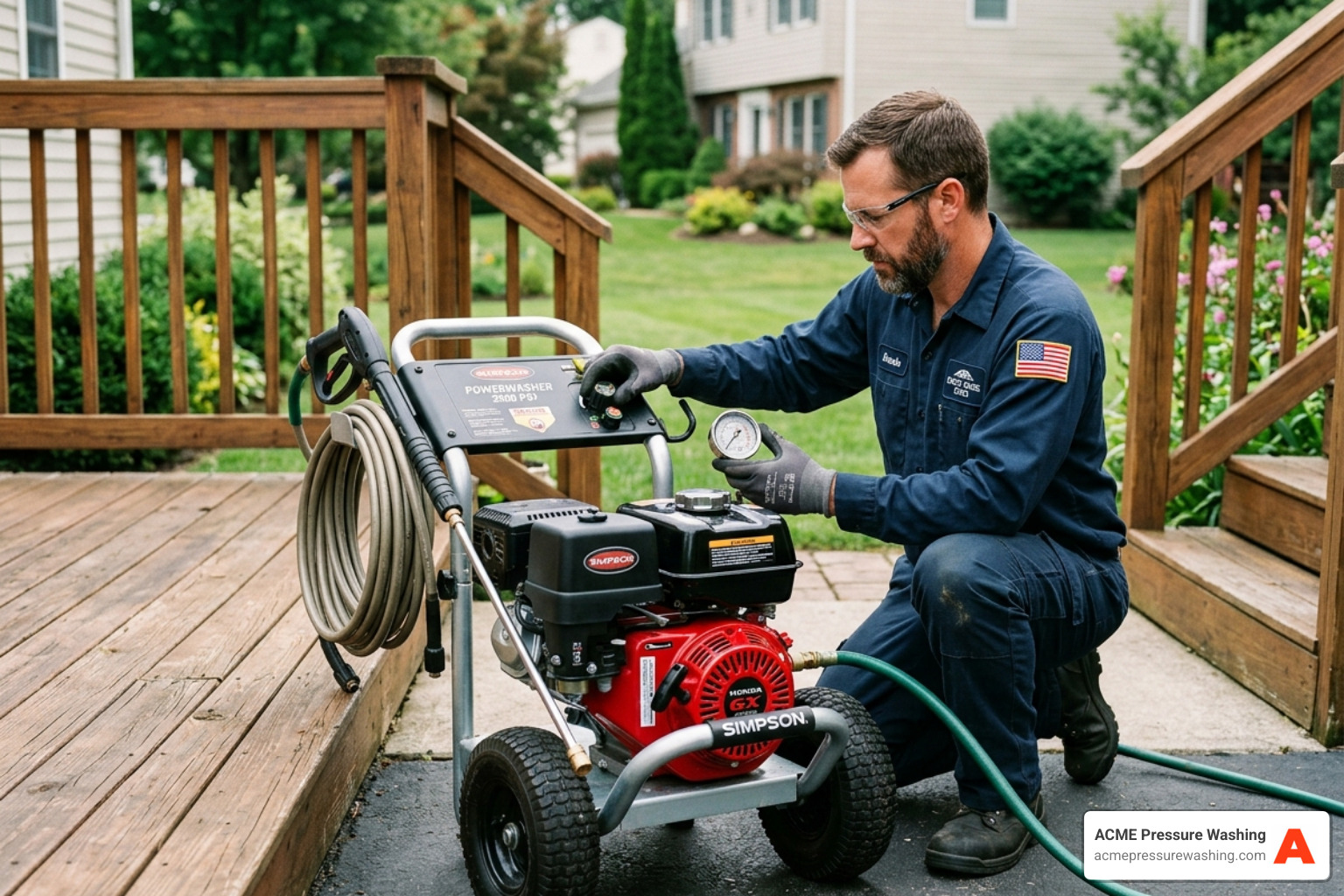 A professional technician carefully adjusting the pressure settings on a commercial-grade machine - deck pressure washing