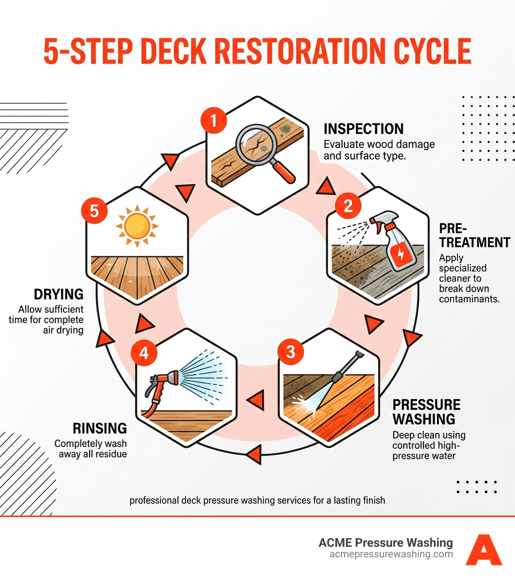 5-step deck restoration cycle showing inspection, pre-treatment, pressure washing, rinsing, and drying stages - deck