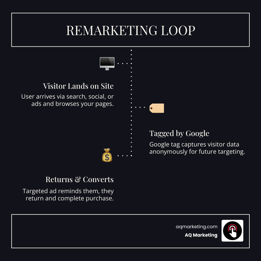 Steps of the remarketing loop: visitor lands on site, tagged by Google, leaves without converting, sees remarketing ad