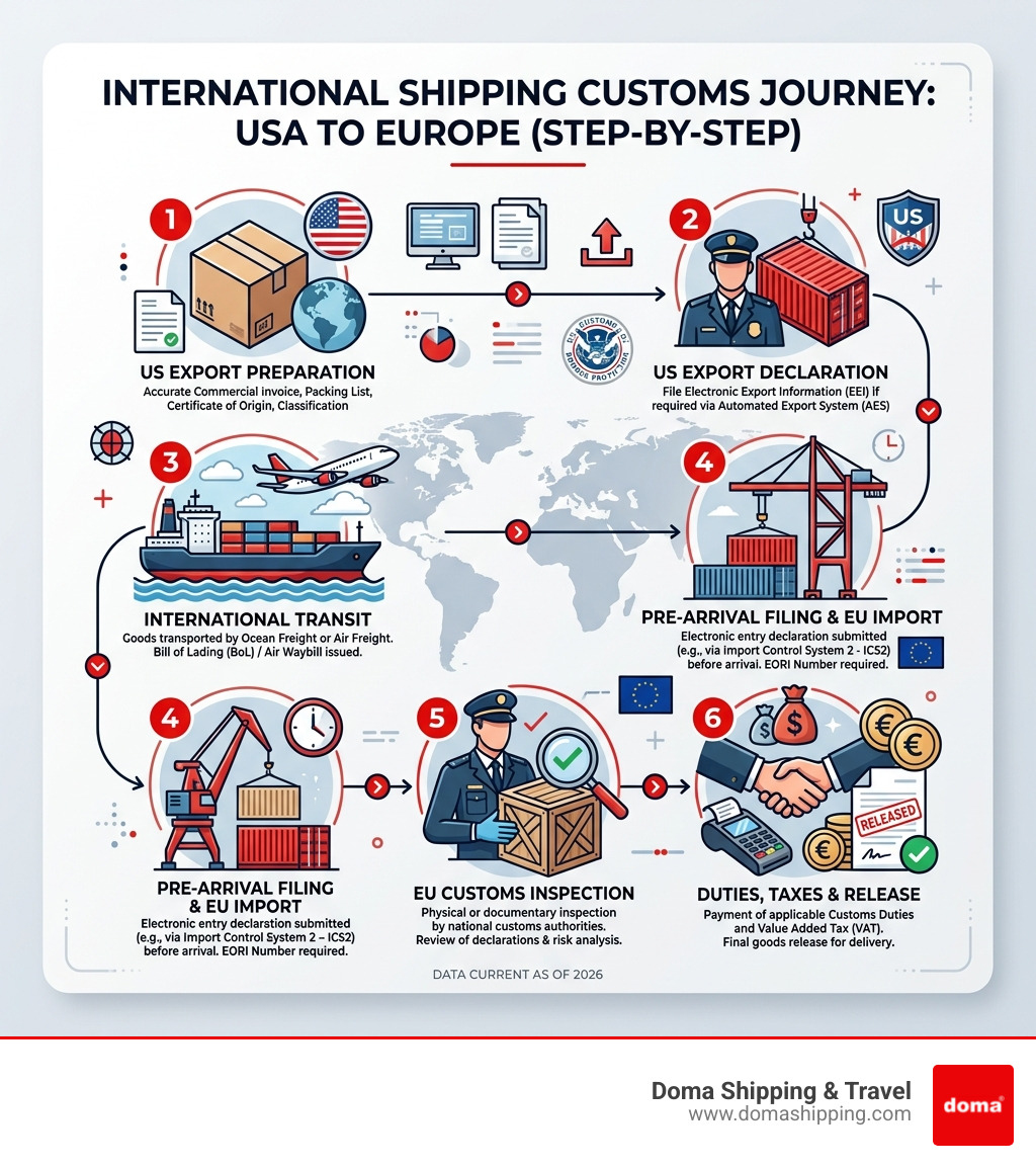 Step-by-step infographic of the international shipping customs journey from the USA to Europe - Europe customs clearance USA