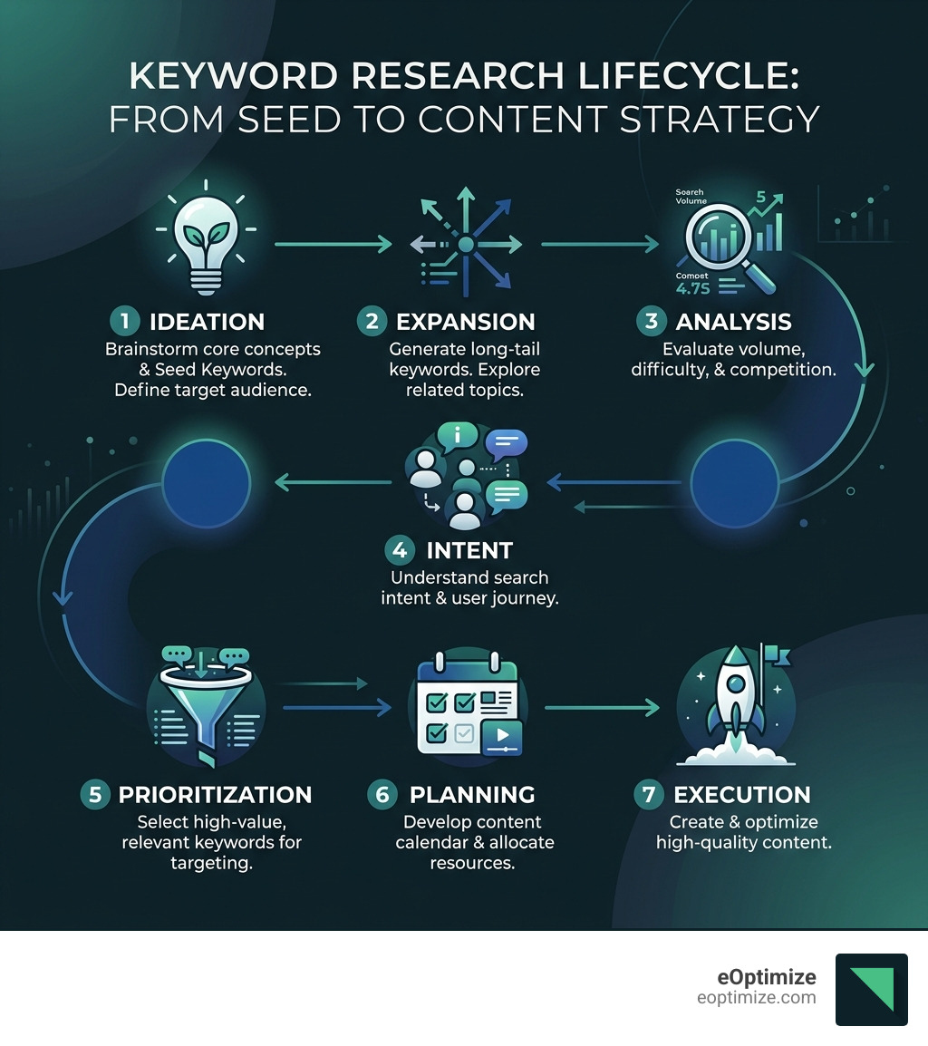 Keyword research lifecycle infographic showing seed keywords to content strategy steps - keyword research tools 2024