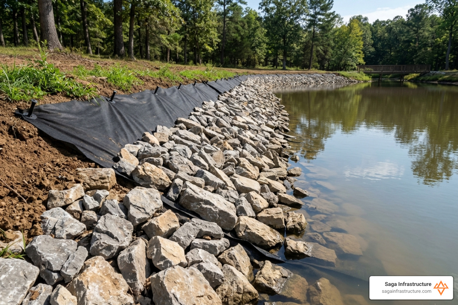 Installation of riprap over a geotextile fabric liner along a pond bank to prevent erosion - pond bank stabilization