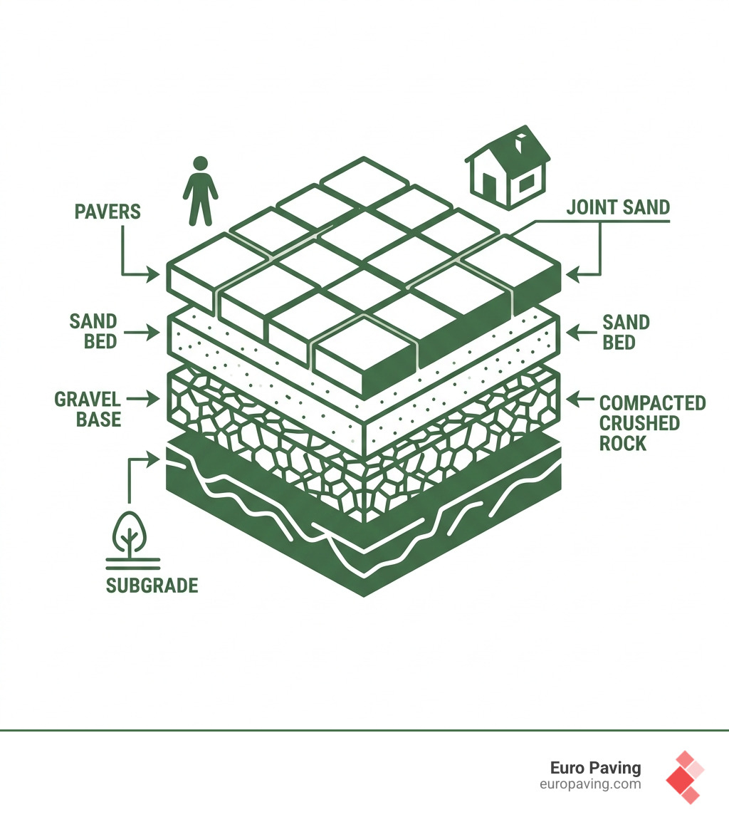 Multi-layer paver sidewalk system diagram showing subgrade, gravel base, sand bed, pavers, and joint sand - laying paver