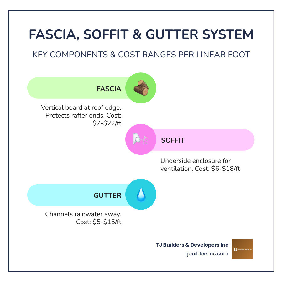 Infographic showing fascia, soffit, and gutter relationship with cost ranges per linear foot by material - house fascia