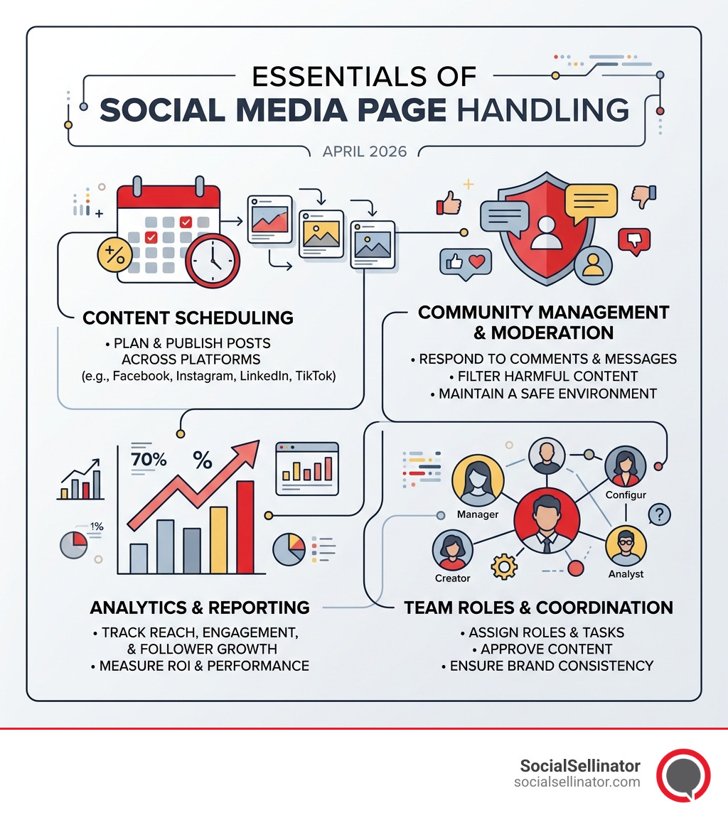 Infographic showing key components of social media page handling including content scheduling, moderation, analytics, and