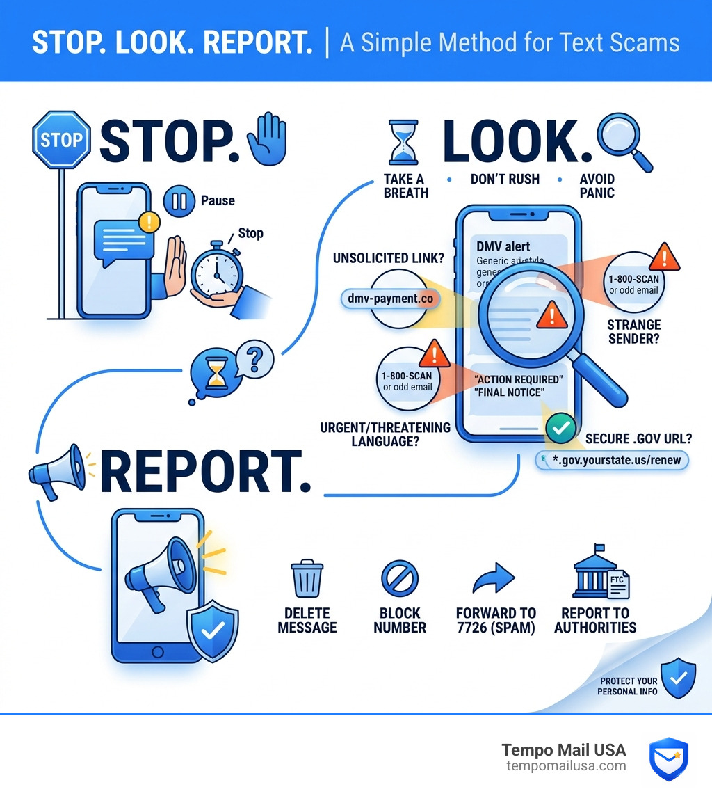 Infographic summarizing the Stop Look Report method for text scams - dmv scam text messages how to avoid phishing alerts and Infographic summarizing the Stop Look Report method for text scams - dmv scam text messages how to avoid phishing alerts and