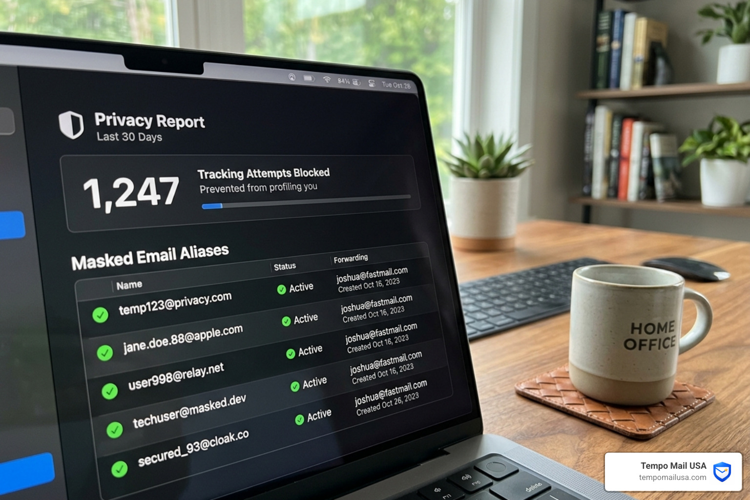 Privacy dashboard showing blocked tracking attempts and masked email aliases - apple scam email how to identify and protect Privacy dashboard showing blocked tracking attempts and masked email aliases - apple scam email how to identify and protect