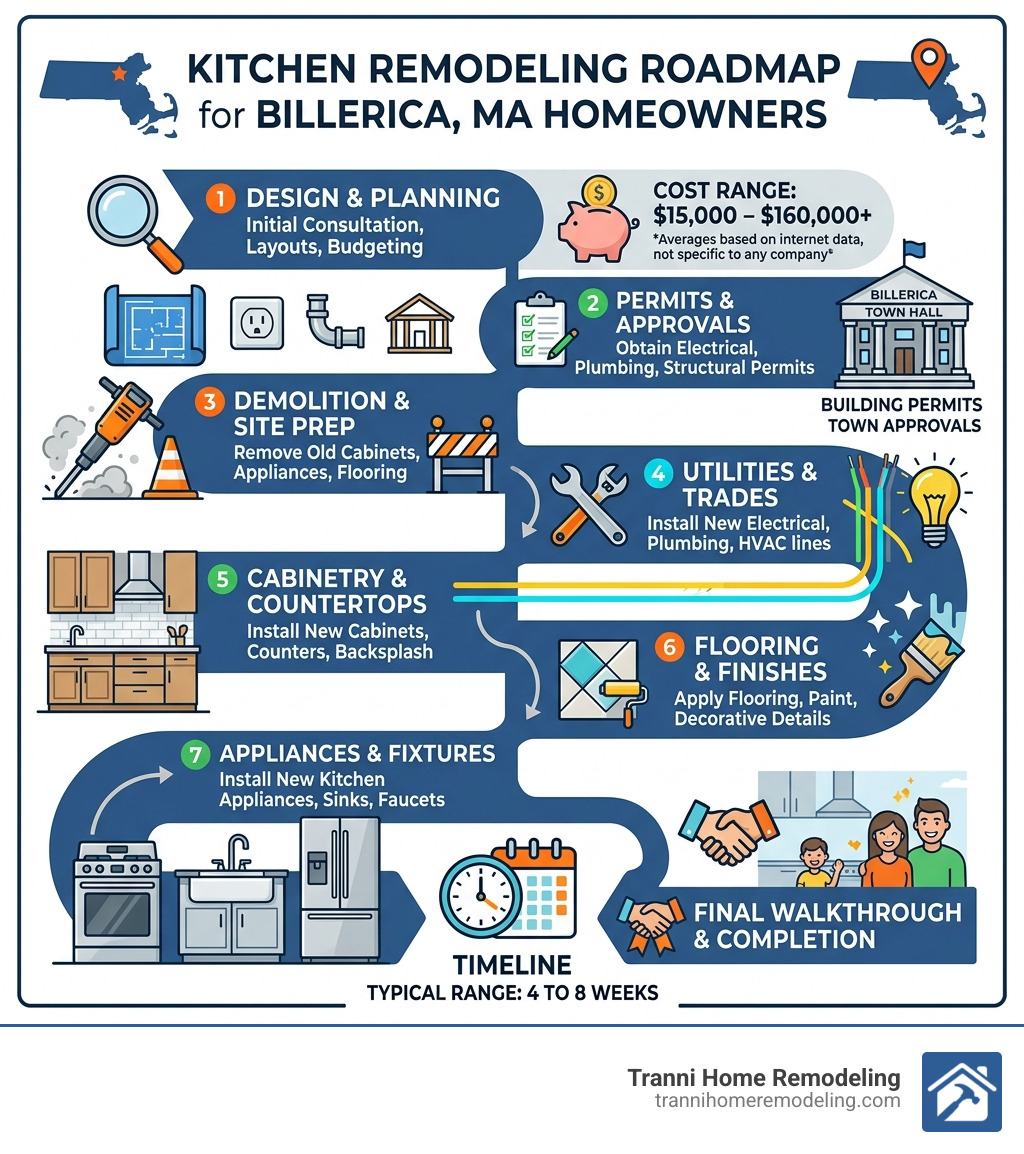 Kitchen remodeling roadmap infographic for Billerica MA homeowners showing costs, timeline, permits, and key steps - kitchen Kitchen remodeling roadmap infographic for Billerica MA homeowners showing costs, timeline, permits, and key steps - kitchen