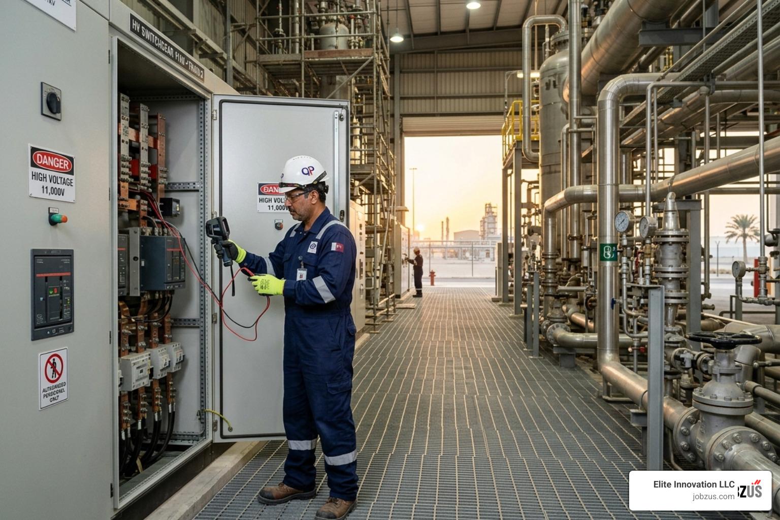 Technician inspecting a switchgear in a Qatar oil facility - electrical technician jobs in qatar oil and gas