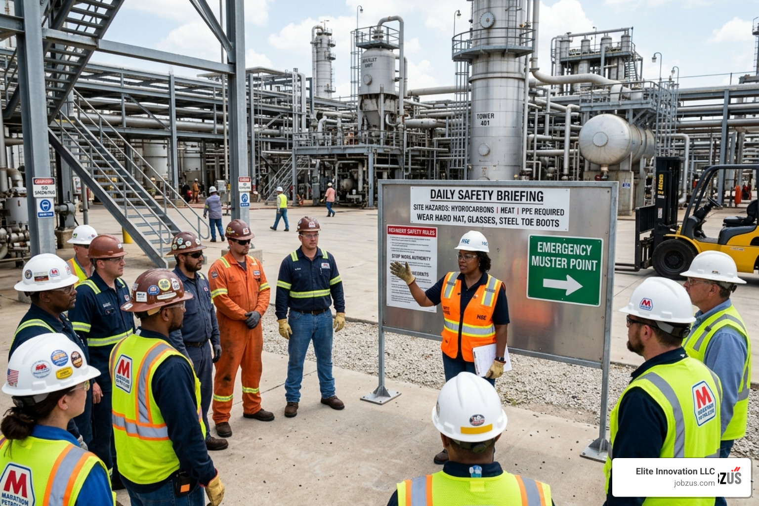 Refinery safety briefing conducted by an HSE Manager - health and safety jobs in oil and gas industry Refinery safety briefing conducted by an HSE Manager - health and safety jobs in oil and gas industry