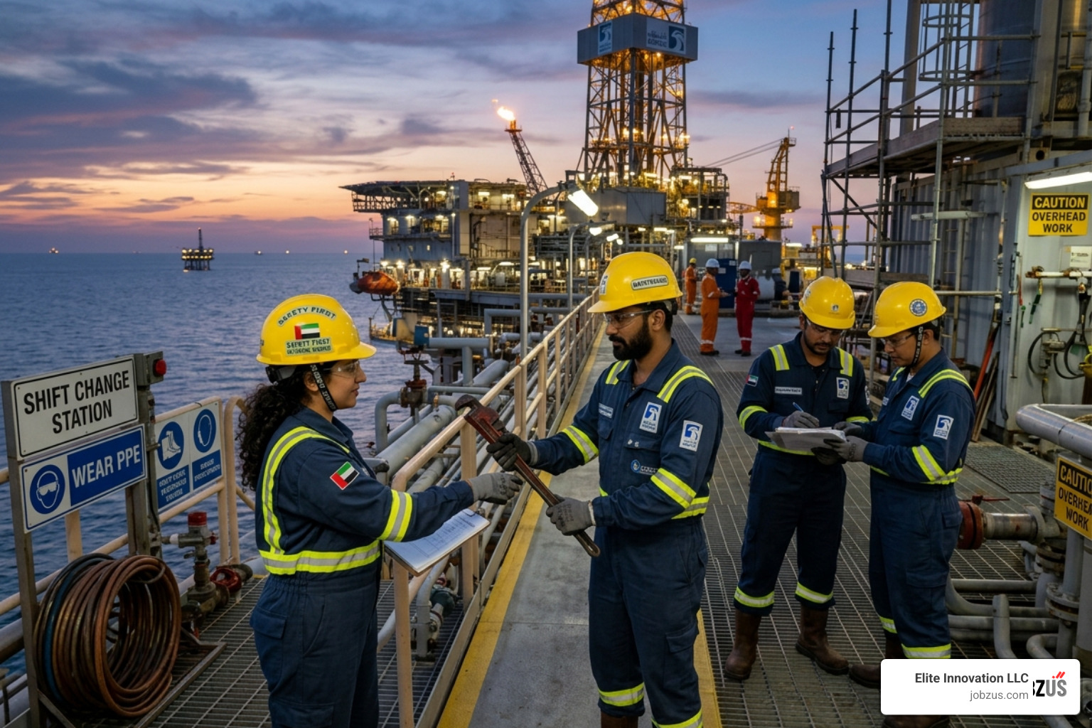 UAE oil and gas workers during a shift change on an offshore platform - 28/28 rotation jobs in uae UAE oil and gas workers during a shift change on an offshore platform - 28/28 rotation jobs in uae